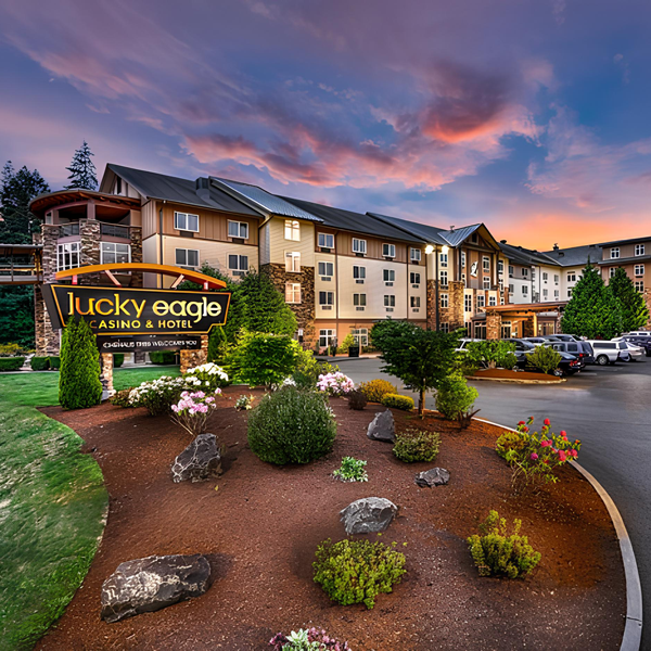 Lucky Eagle Casino and Hotel. View of Casino sign in front of the hotel